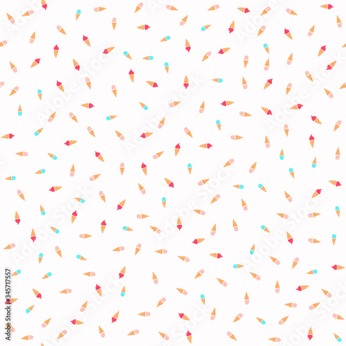 Icecream confetti dotty paper texture seamless background. Tiny colored ice waffle cones isolated on white. Modern cute falling speckle pattern. Japanese kawaii minimal digital party scrapbook paper