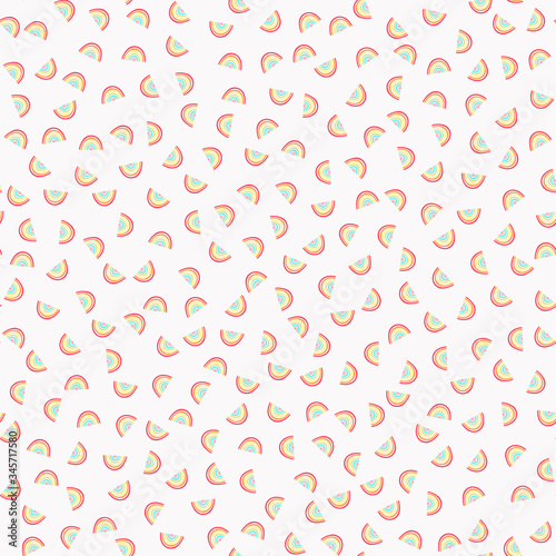 Rainbow confetti dotty paper texture seamless background. Color stripe quirky motif isolated on white. Modern cute falling speckle pattern. Japanese kawaii minimal digital party scrapbook paper
