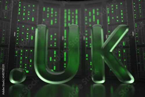 British domain .uk on server room background. Internet in the UK related conceptual 3D rendering