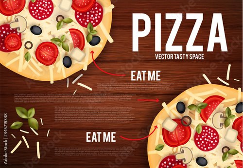 Tasty pizza with tomatos, wurst, olive, mushrumes and cheese on wood texture. Top view.
