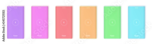 Colored set of realistic wireless powerbanks isolated on white background.