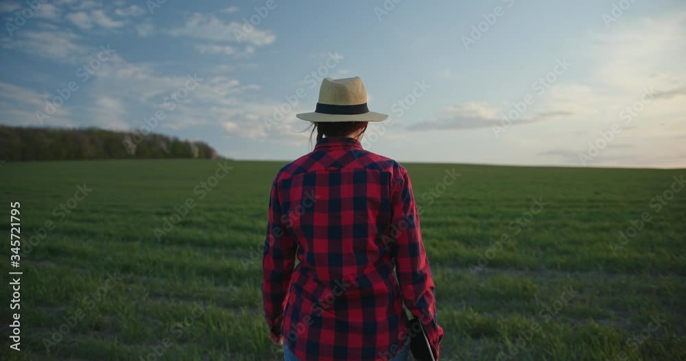 Follow to woman farmer walks across the green field with a tablet in her hands on sunset Follow to woman farmer walks across the green field with a tablet in her hands on sunset