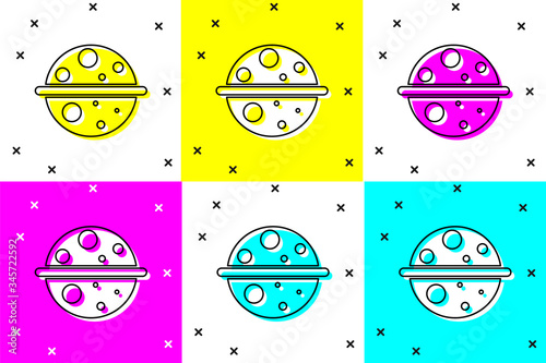 Set Planet Saturn with planetary ring system icon isolated on color background.  Vector Illustration