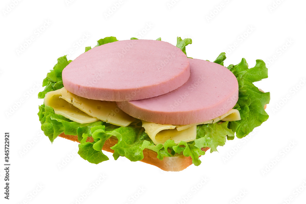 Sandwich with salad, tomato and sausage isolated on white Sandwich with salad, tomato and sausage isolated on white