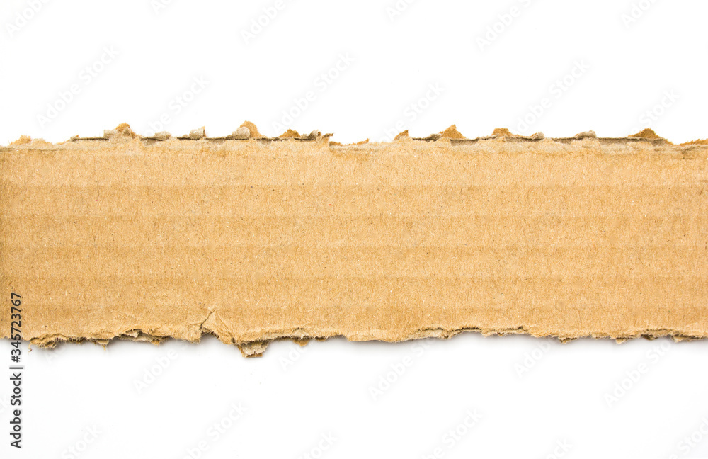 Torn brown corrugated cardboard on white background. Cardboard stripe for advertising text.