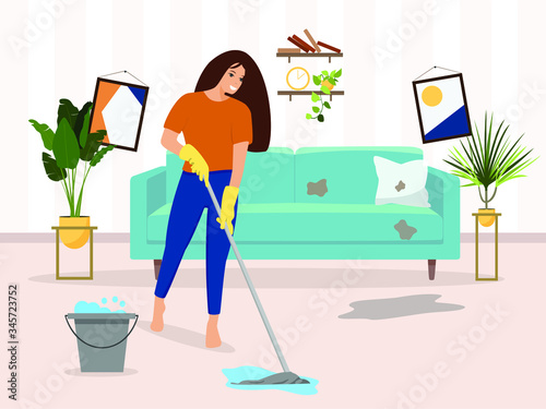 Woman cleaning dirty room with a mop and a bucket of water. Floor washing. Flat style vector illustration