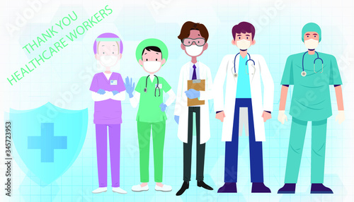 The doctor is a hero. Thank you, doctors, nurses, and all healthcare workers for working in the hospitals and fighting the coronavirus. vector illustration