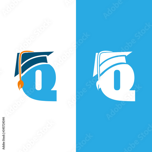 Initial letter Q with graduation hat isolated white and blue background