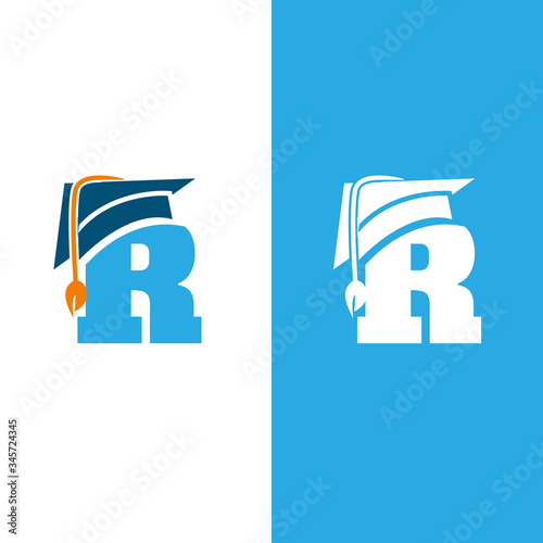 Initial letter R with graduation hat isolated white and blue background