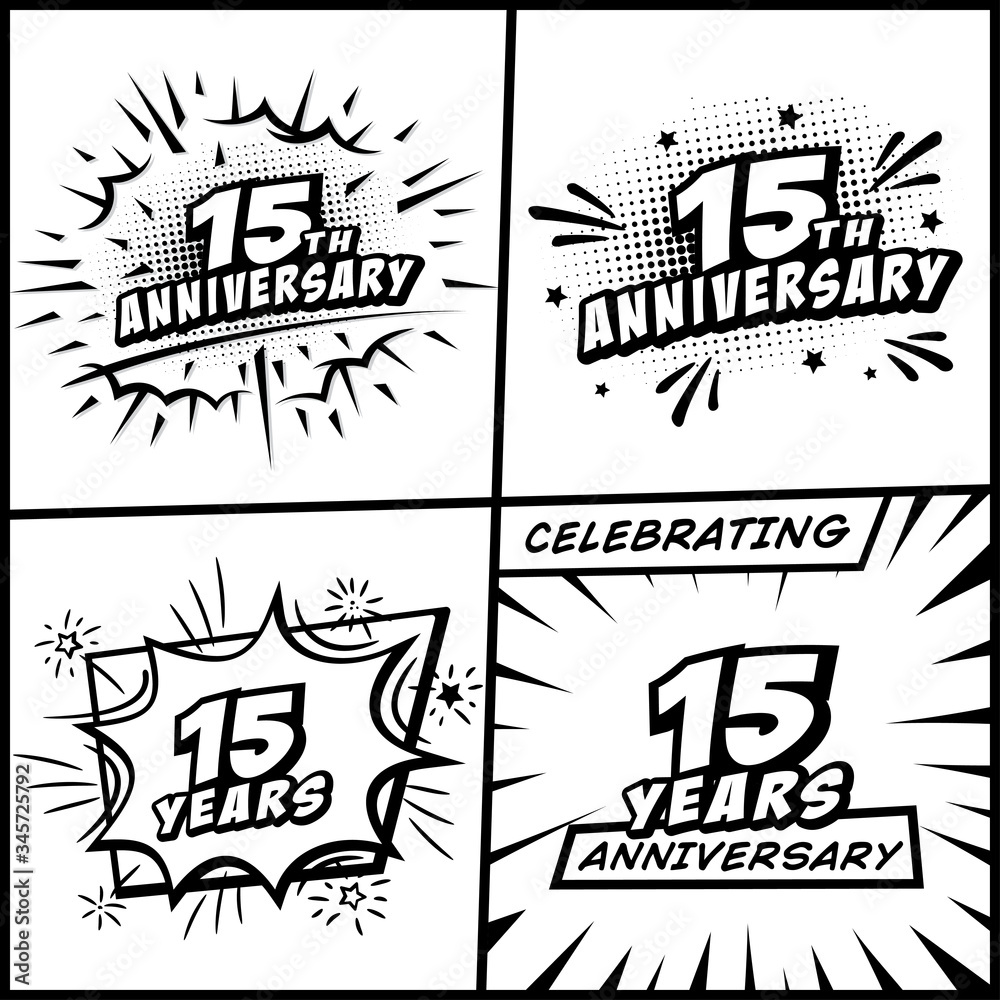 Fototapeta premium Kolekcja logo z okazji 15-lecia. Komiksowy logotyp obchodów 15-lecia. Grafika wektorowa i ilustracje w stylu pop-art.