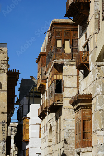 Old buildings in Al Balad street in the city of Jeddah, Saudi Arabia
