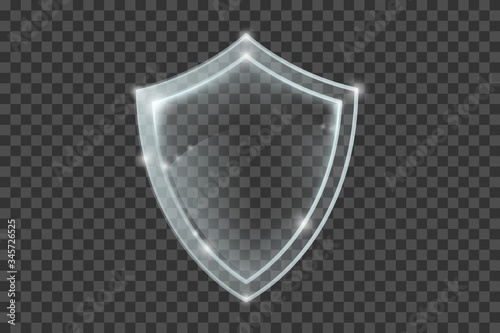 Transparent glass shield. Realistic protection sign. White security plate with reflections and light sparkles. Vector illustration isolated on transparent background.