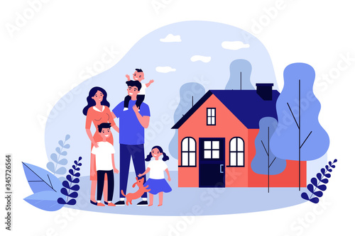Happy family couple with kids and pet standing together outside, in front of their house. Vector illustration for home, real estate, residential area concept