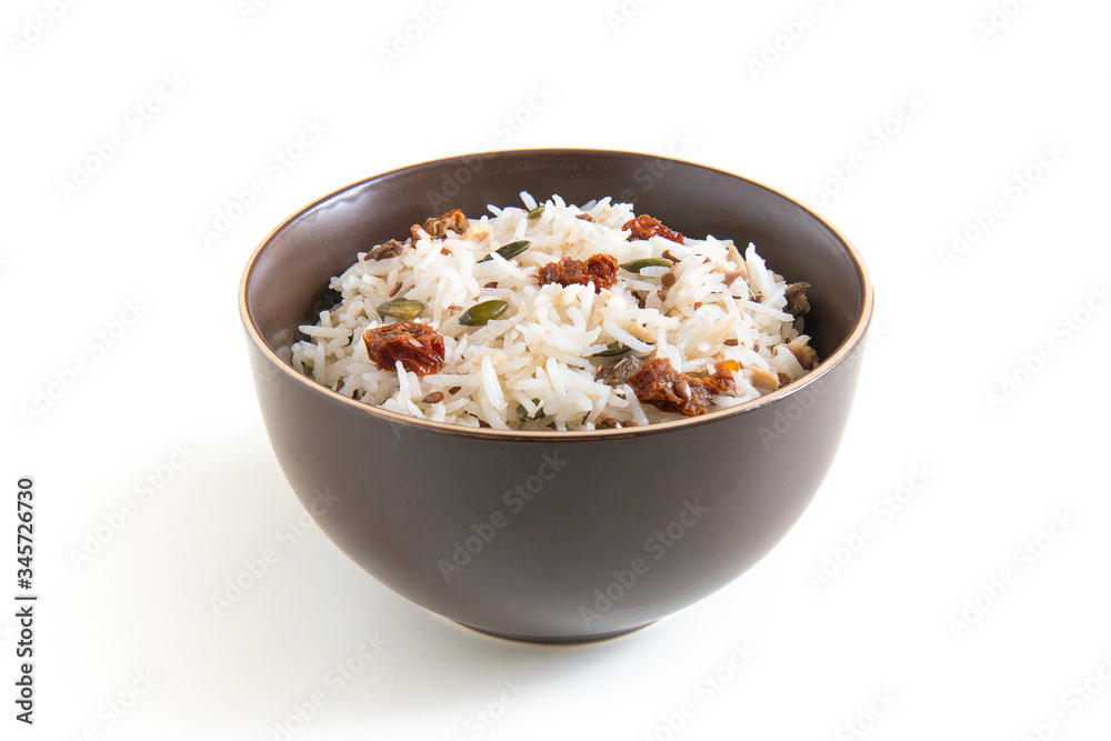 bowl of basmati rice with condiment, cold dish ready to eat
bowl of basmati rice with condiment, cold dish ready to eat