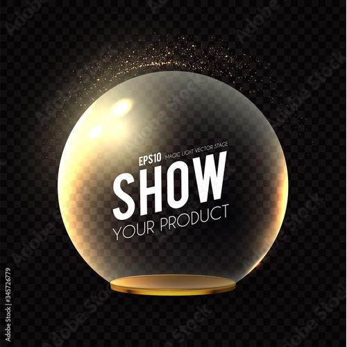 Glass Dome with golden plate on transparent background with light effect.