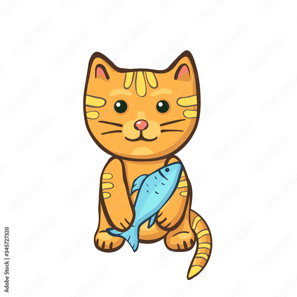 Cute orange cat holds fish. Funny animals vector illustration. Kitten character hugs food. Cartoon kitty pet with fish isolated on white background Cute orange cat holds fish. Funny animals vector illustration. Kitten character hugs food. Cartoon kitty pet with fish isolated on white background