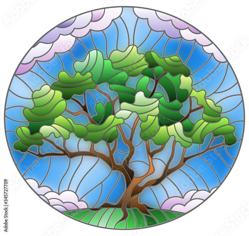 Illustration in stained glass style with green tree on sky background,oval image