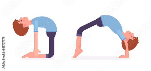 Yogi man in nice sport wear practicing yoga, doing Ustrasana, Camel pose, Bridge, Urdhva Dhanurasana exercise, handsome guy training for healthy habit workout. Vector flat style cartoon illustration