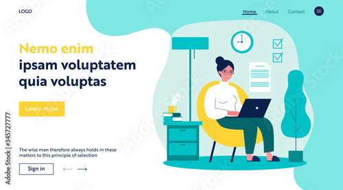 Happy freelance worker working with laptop at home. Woman sitting in armchair, using computer. Vector illustration for freelancer, morning, planning, routine concept