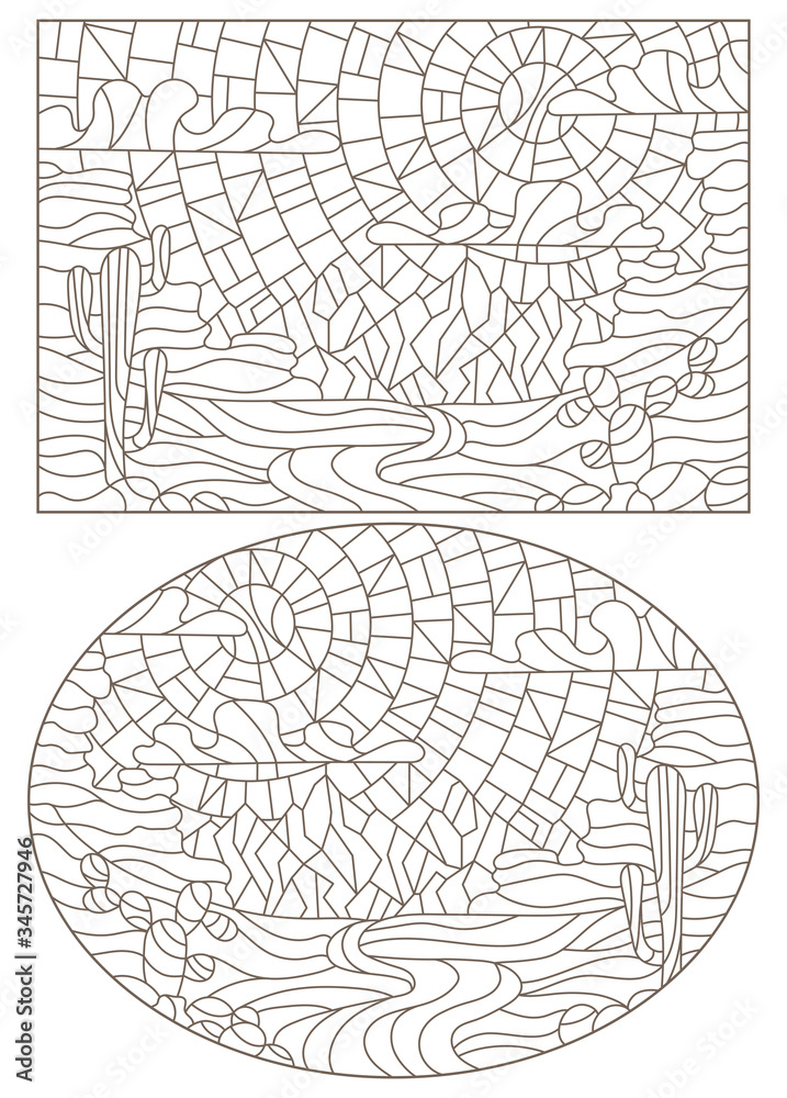 Set  contour illustrations in style of a stained-glass window with desert landscapes, dark contours on a white background 