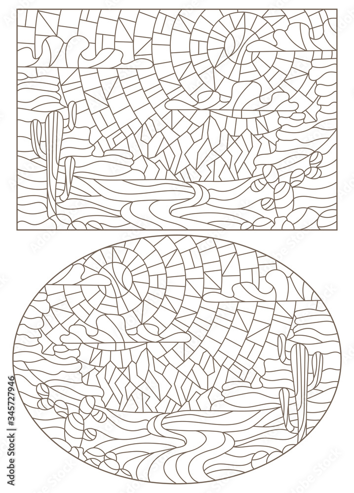Set contour illustrations in style of a stained-glass window with desert landscapes, dark contours on a white background Set contour illustrations in style of a stained-glass window with desert landscapes, dark contours on a white background