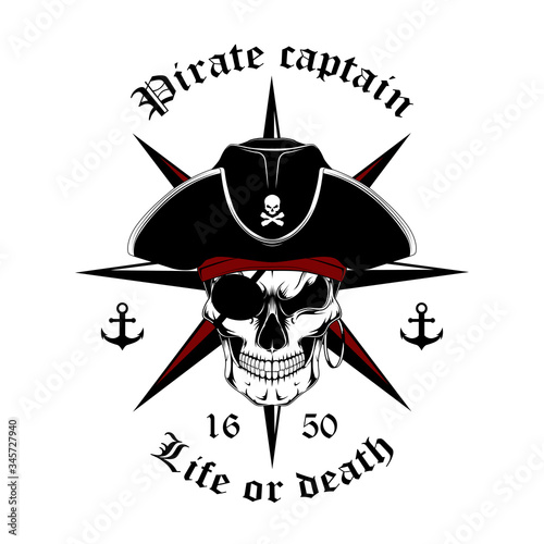 Black and white image skull of a pirate captain with a rose of winds. Vector image on a white background.