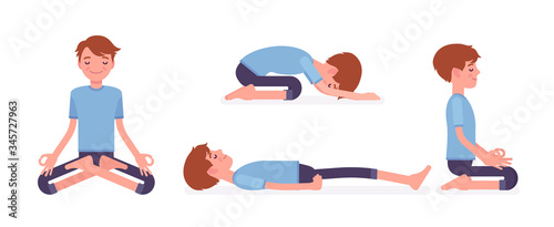 Yogi man in sport wear practicing yoga in restorative, seated poses, Padmasana, Lotus variation, Child, Balasana exercise, seiza vajrasana, Dead Body, Savasana. Vector flat style cartoon illustration