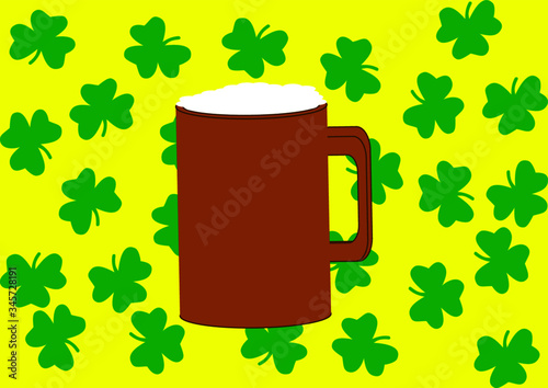 A mug of ale with a green leaf of fern on St. Patrick's Day. St.Patrick 's Day. Holiday. Template for text. Place for text. Background vector image. Poster. Advertising on the billboard.