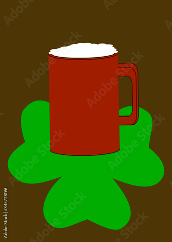 A mug of ale with a green leaf of fern on St. Patrick's Day. St.Patrick 's Day. Holiday. Template for text. Place for text. Background vector image. Poster. Advertising on the billboard.