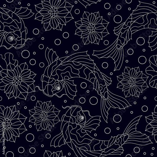 Seamless pattern with koi carp fishes, Lotus flowers and bubbles , light contours on a dark background