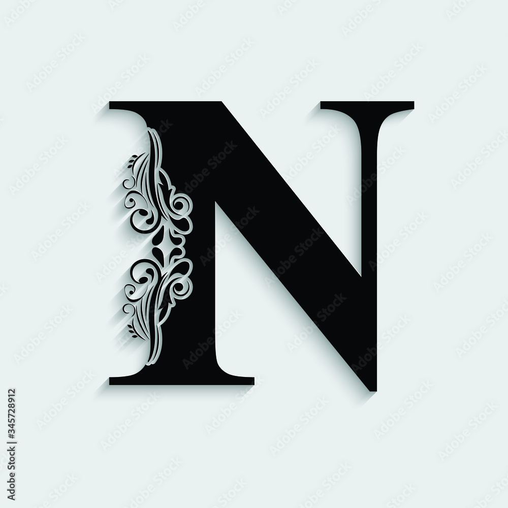 letter N. Black flower alphabet. Beautiful capital letters with shadow ...