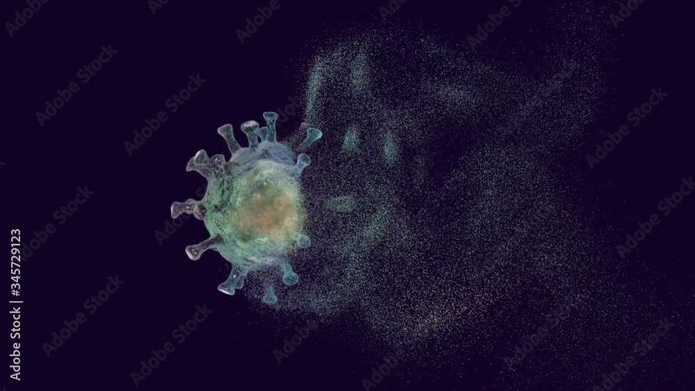 Coronavirus desintegrated into tiny particles that move random and then disappear, motion 3D rendered illustration