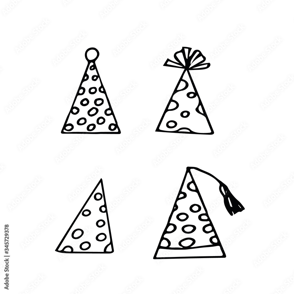 festive funny party hats hand drawn scandinavian style. Set of elements. Simple liner icons, cards. decor celebration birthday, new year party surprise festive funny party hats hand drawn scandinavian style. Set of elements. Simple liner icons, cards. decor celebration birthday, new year party surprise