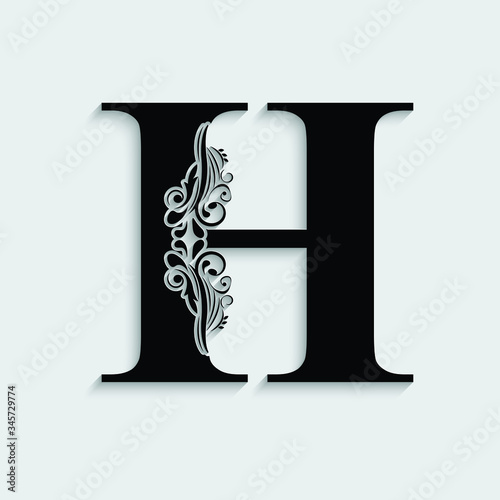 letter H. Black flower alphabet.  Beautiful capital letters with shadow