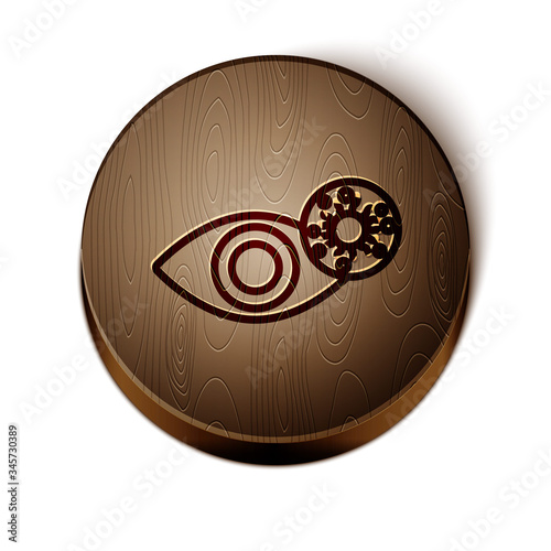 Brown line Reddish eye due to virus, bacterial or allergic conjunctivitis icon isolated on white background. Wooden circle button. Vector Illustration