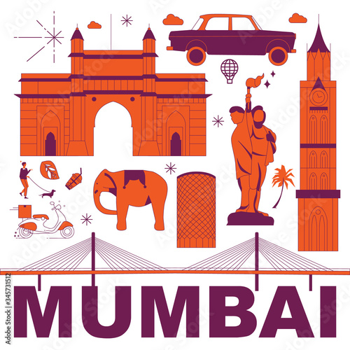 Mumbai culture travel set, famous architectures and specialties in flat design. Business travel and tourism concept clipart. Image for presentation, banner, website, advert, flyer, roadmap, icons