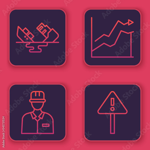 Set line Wrecked oil tanker ship, Oilman, Oil price increase and Exclamation mark in triangle. Blue square button. Vector