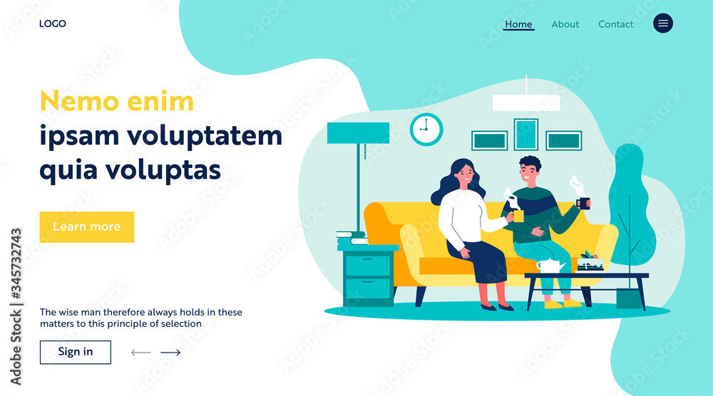 Couple in love sitting together at sofa with cups of coffee and talking flat vector illustration. Man and woman living in apartment Romantic relations and home concept Couple in love sitting together at sofa with cups of coffee and talking flat vector illustration. Man and woman living in apartment Romantic relations and home concept