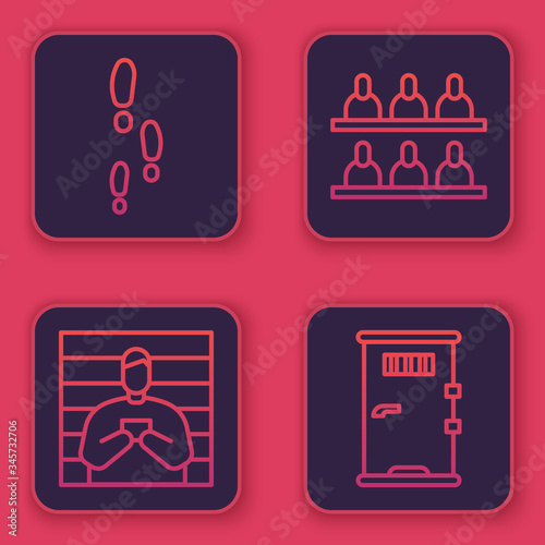 Set line Footsteps, Suspect criminal, Jurors and Prison cell door. Blue square button. Vector