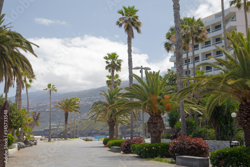 Street with palms and hotels near public pools of Lagos Martianes. Puerto De La Cruz, Canary Islands, Spain - March 15 2020