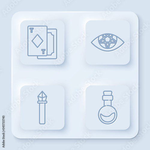 Set line Playing cards, Pentagram, Magic staff and Bottle with love potion. White square button. Vector