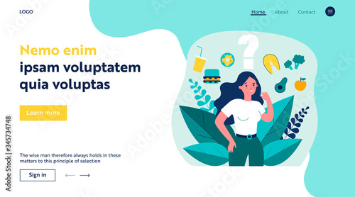 Cheerful woman thinking over her snack and choosing between junk and healthy food. Vector illustration for health, choice, diet, healthy vs unhealthy concept