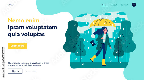 Happy smiling girl with umbrella walking in rainy day flat vector illustration. Woman staying outdoor in falling weather. Female character going in rain. Season, autumn and landscape concept