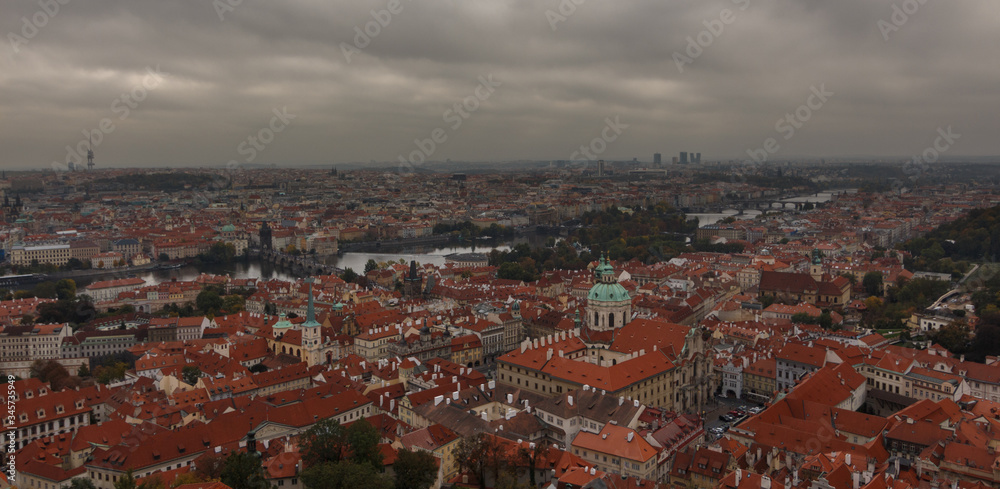 Obraz premium Aerial view of the rooftops of Prague, panorama