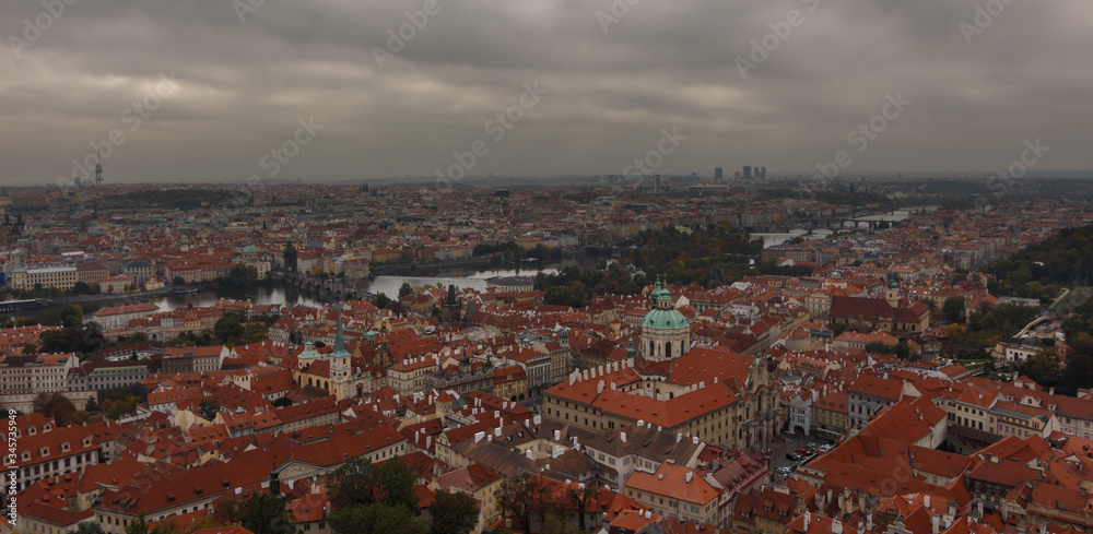 Aerial view of the rooftops of Prague, panorama