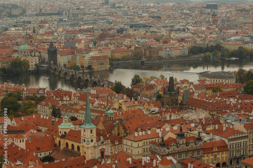 Aerial view of the rooftops of Prague