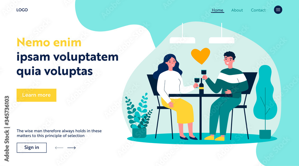 Happy young couple dating in restaurant on Valentines day. Man and woman sitting at table, drinking wine, celebrating anniversary. Vector illustration for relationship, love, romantic dinner concept
