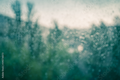 Bokeh defocused rain on the glass. Green trees and buildings in the background