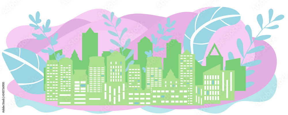 Abstract green city with big blue plants. Environment conservation and ecology concept.