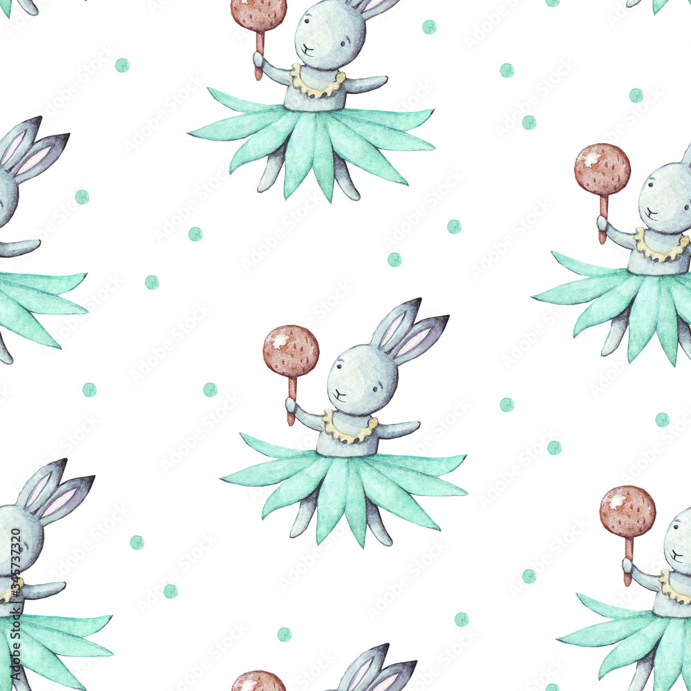 Cute Bunny with maraca. Seamless Pattern with rabbit. Watercolor white background. Cartoon hare illustration for kids. For print, textile, fabric, wallpaper. Cute Bunny with maraca. Seamless Pattern with rabbit. Watercolor white background. Cartoon hare illustration for kids. For print, textile, fabric, wallpaper.